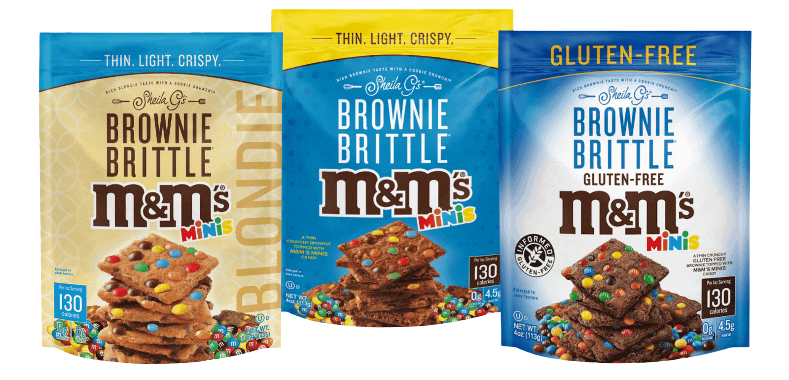 Animated bags of Brownie Brittle Blondies M&M minis, Brownie Brittle M&M minis, and Brownie Brittle gluten-free M&M minis