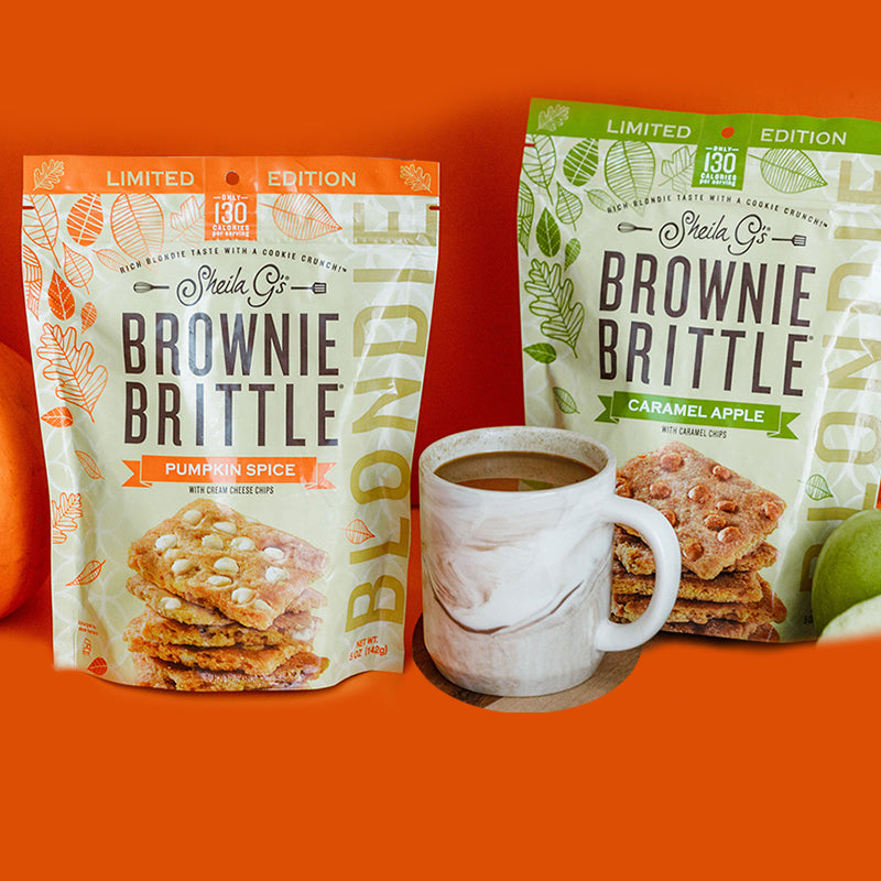 Brownie Brittle Pumpkin Spice and Brownie Brittle Caramel Apple in autumn background